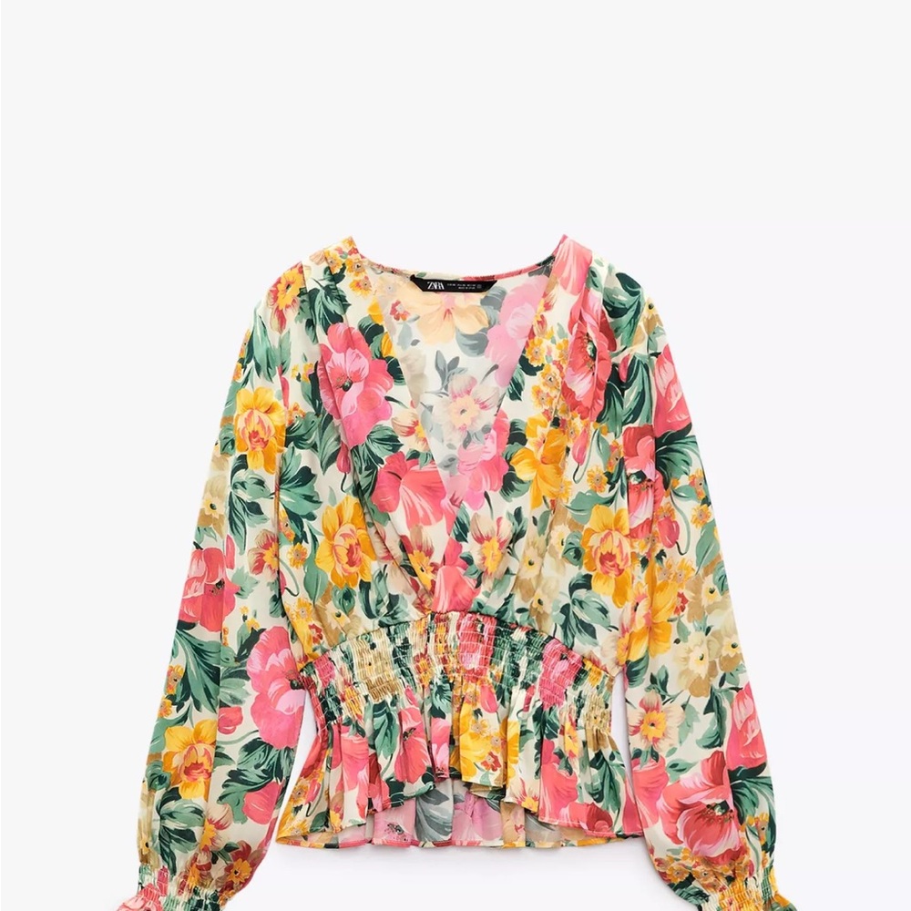 Zara Pink and Yellow Ruffled Floral Blouse
